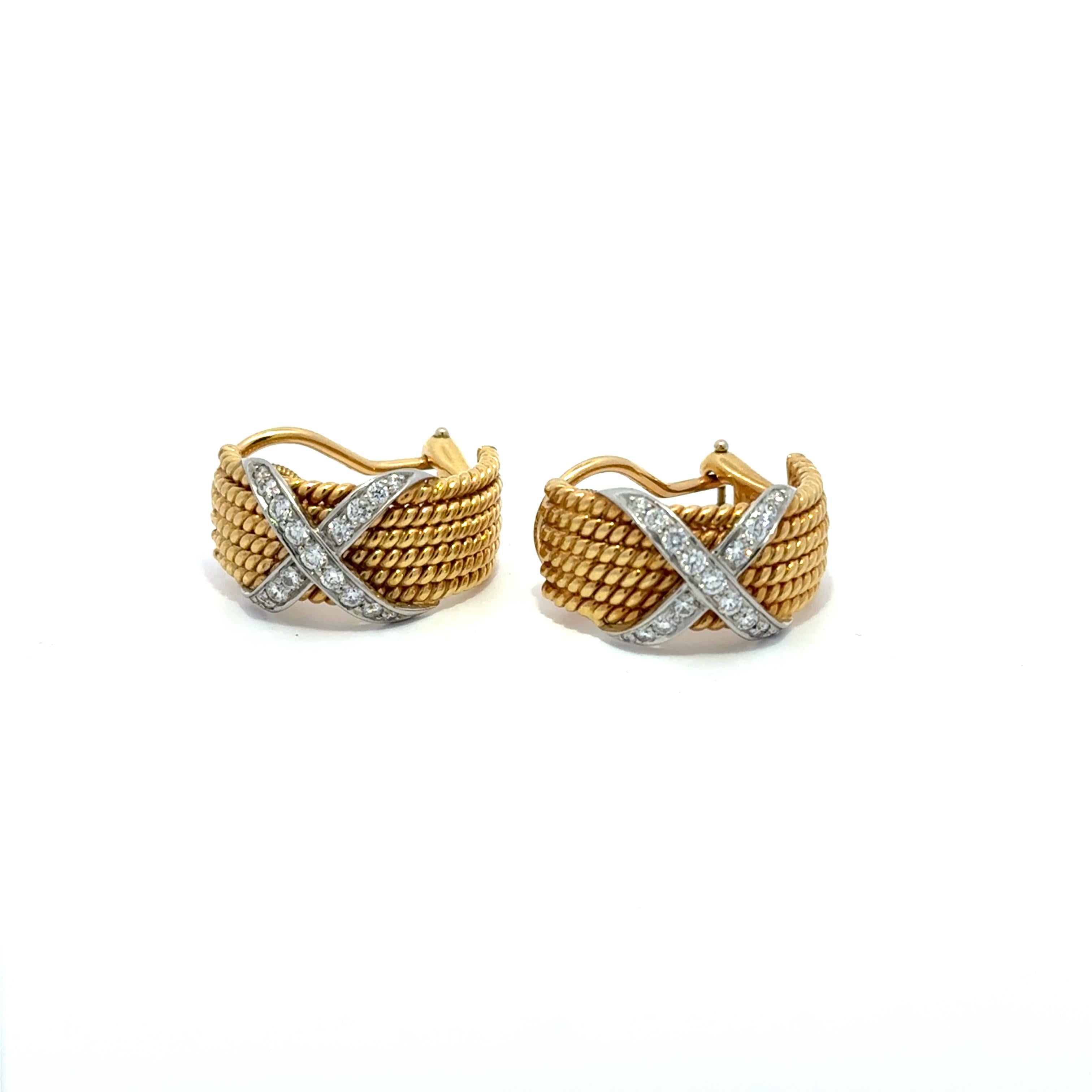 Tiffany And Co Schlumberger 18k Gold and 950 Platinum Diamond X 6 Rope Earrings