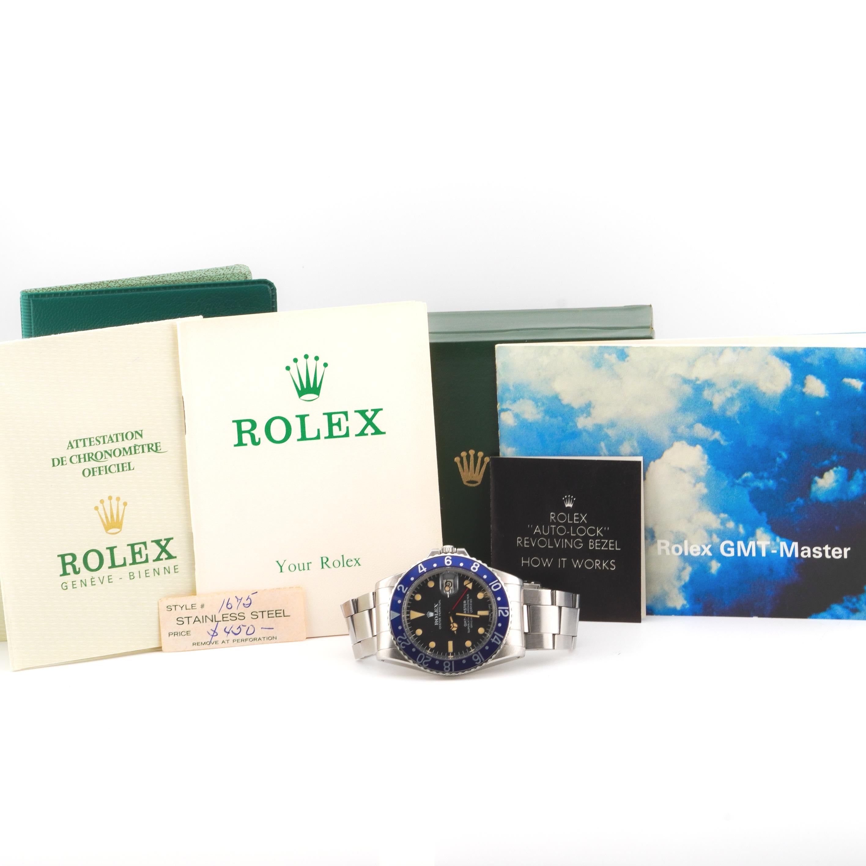 Rolex 1973 GMT-Master 1675 Blue Bezel Stainless Steel Watch w/ Box and Papers