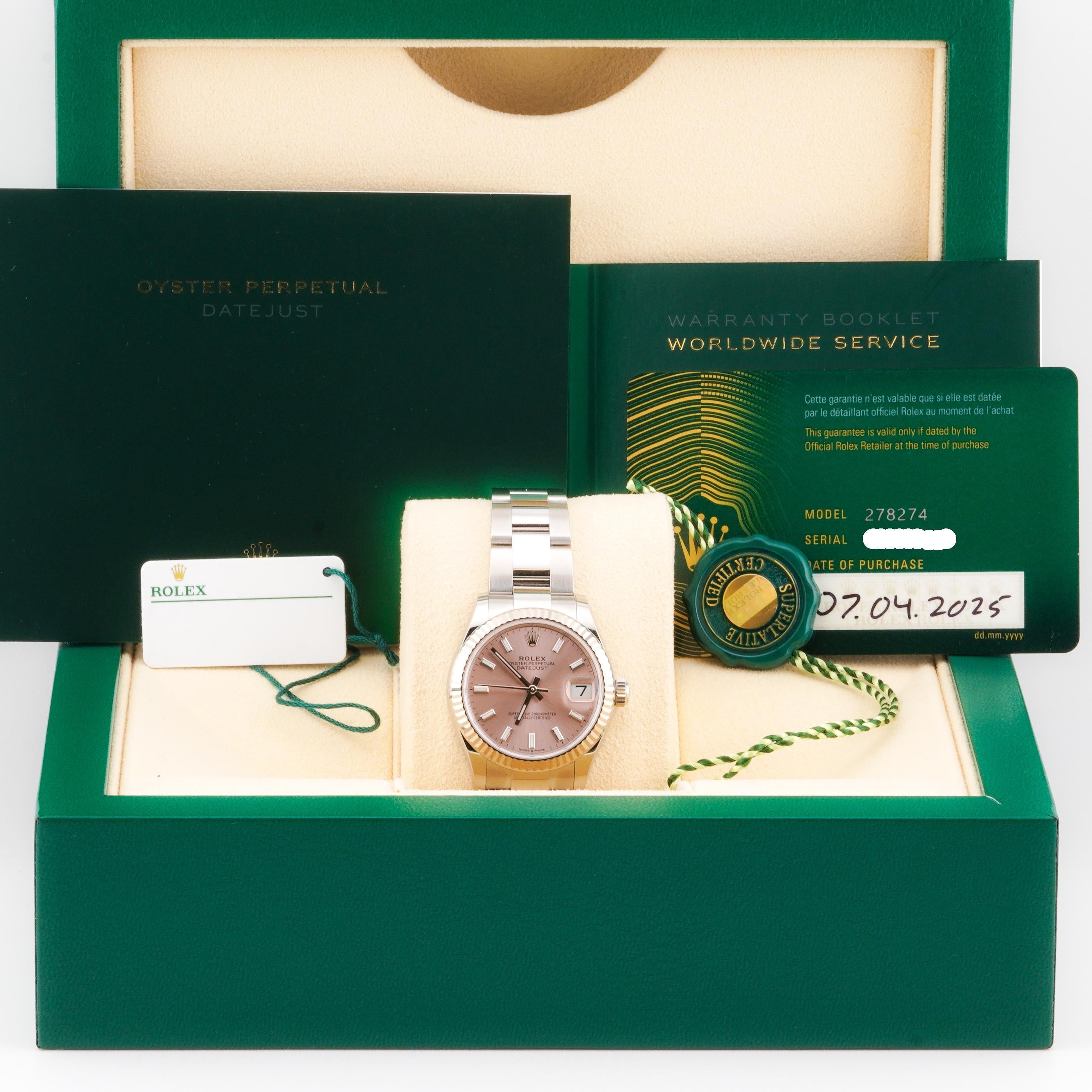 Rolex 2025 Datejust 278274 Pink Dial 31mm Stainless Steel Watch w/Box and Papers