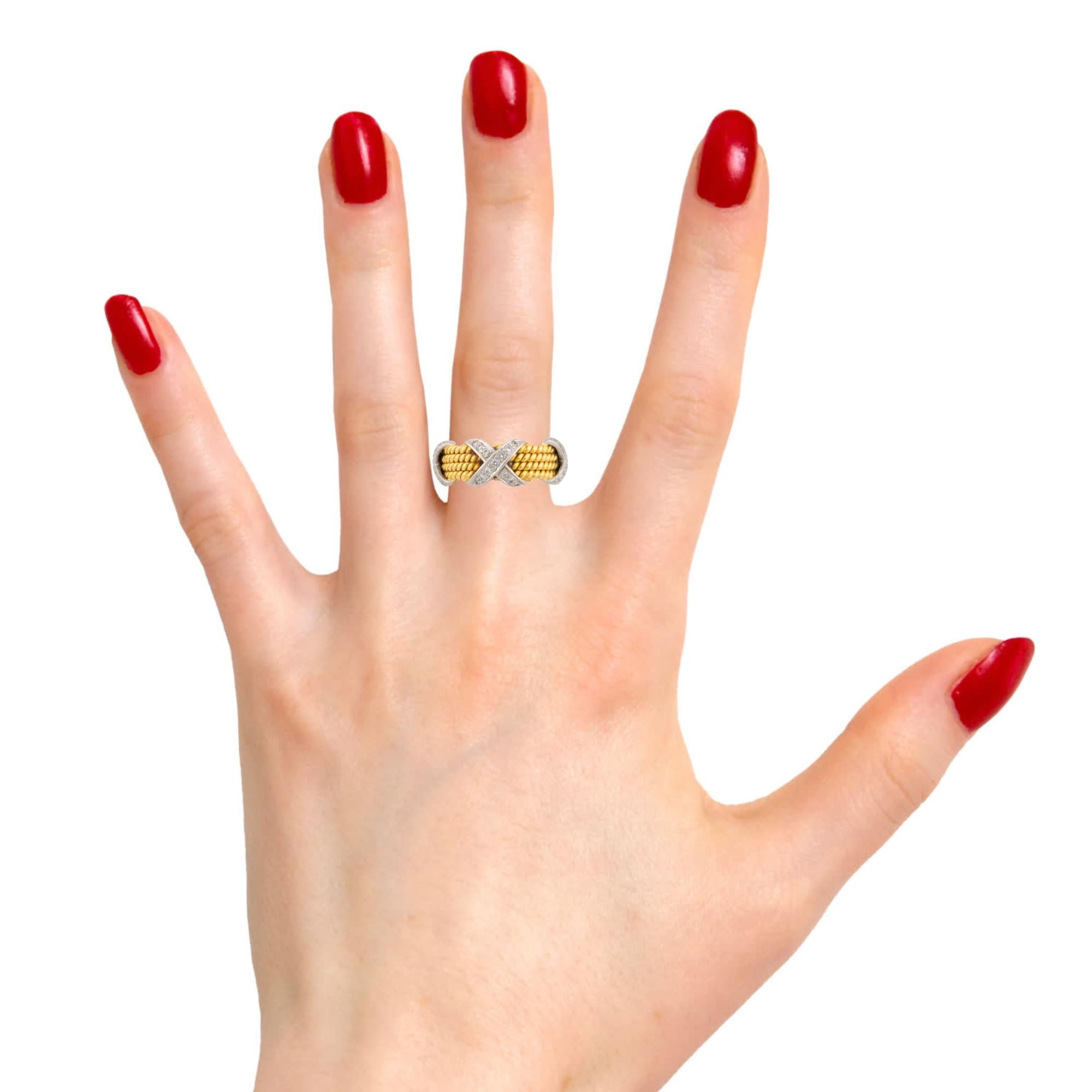 Tiffany and Co. Schlumberger Gold Platinum Diamond X Four Row Rope Ring Size 7
