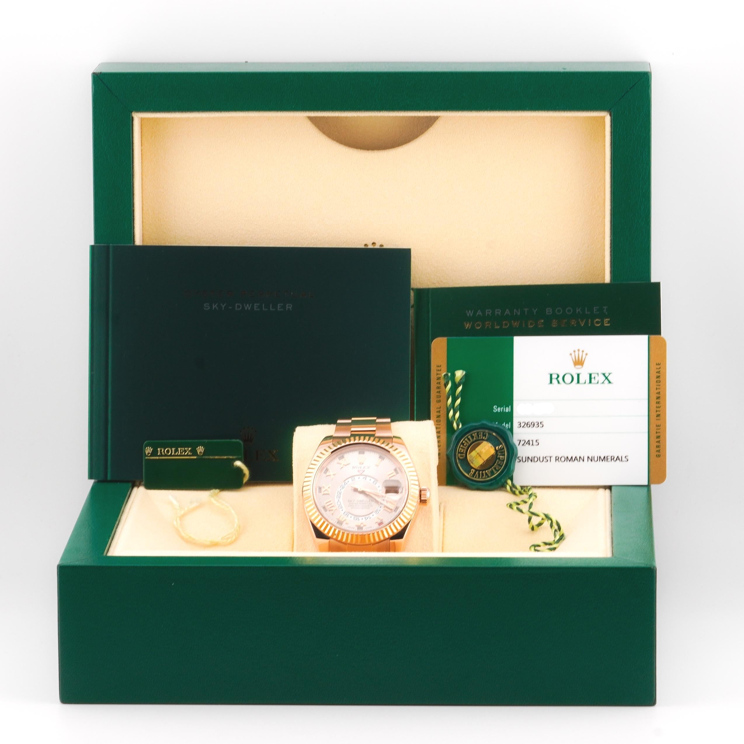 Rolex 2017 Sky Dweller 326935 Rose Gold Pink Sundust Dial Watch w/Box and Papers