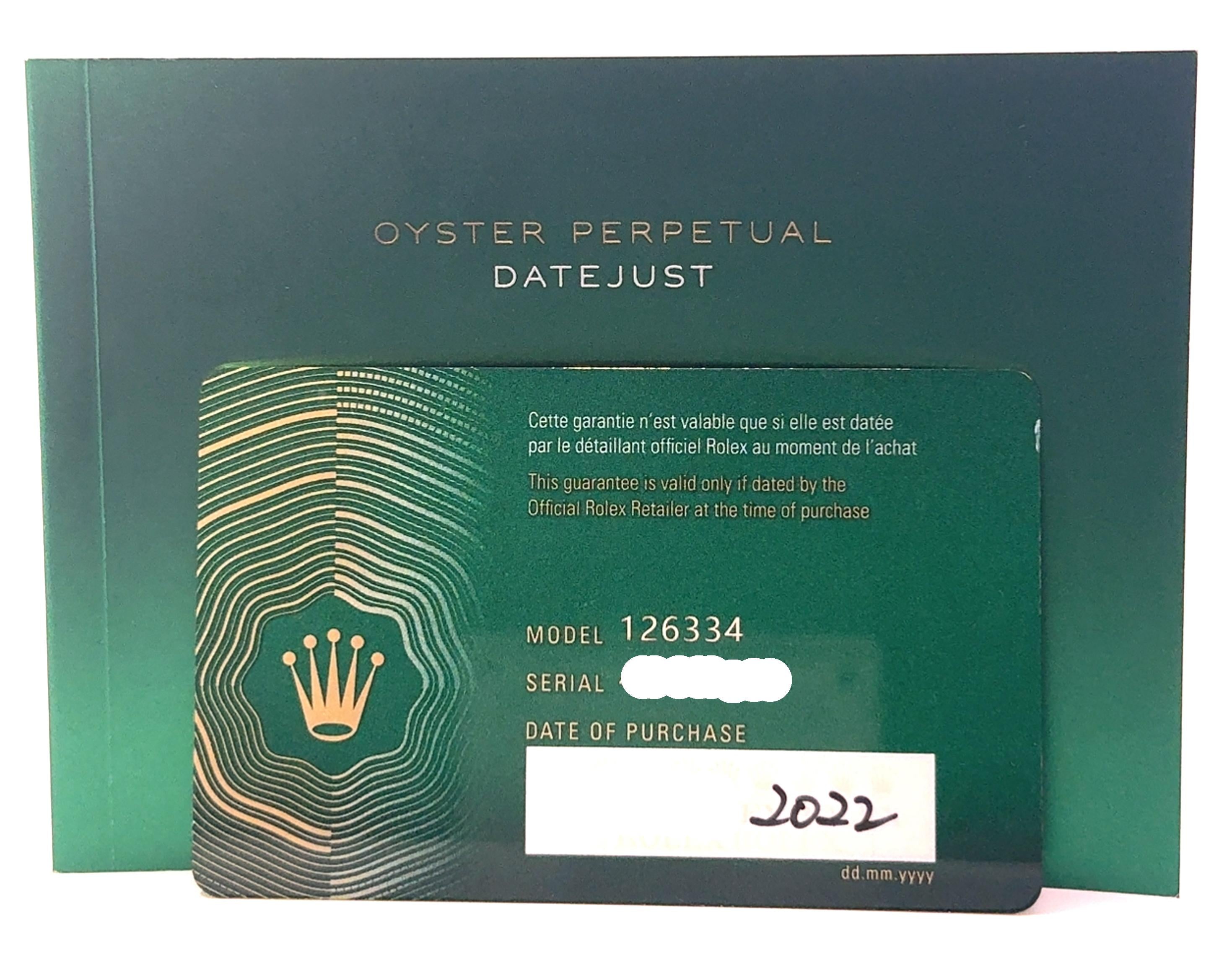 Rolex 2022 Datejust - 126334 Green Mint Dial Jubilee Watch w/ Card and Booklet