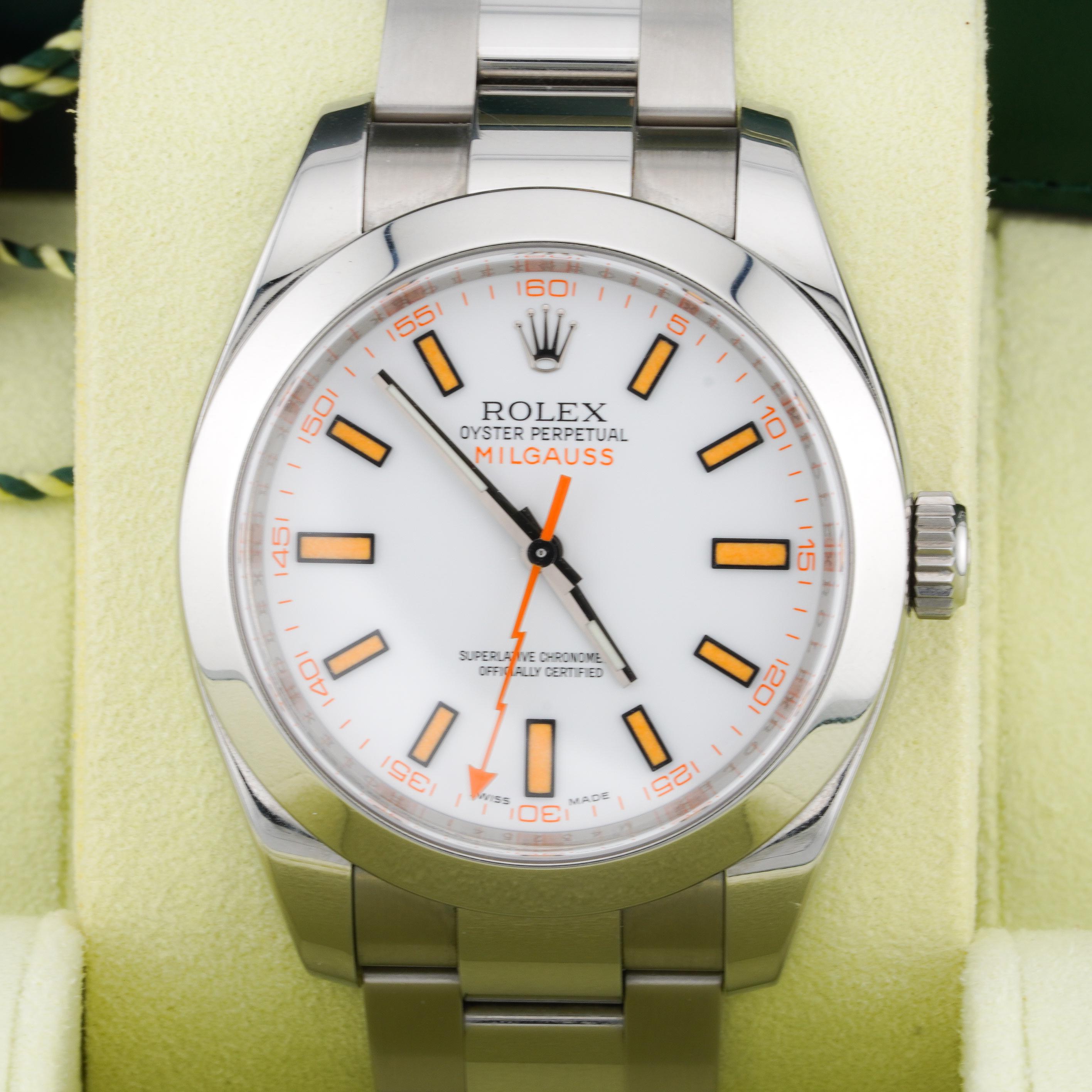 Rolex 2008 Milgauss 116400 Stainless Steel White Dial Watch w/ Box and Papers