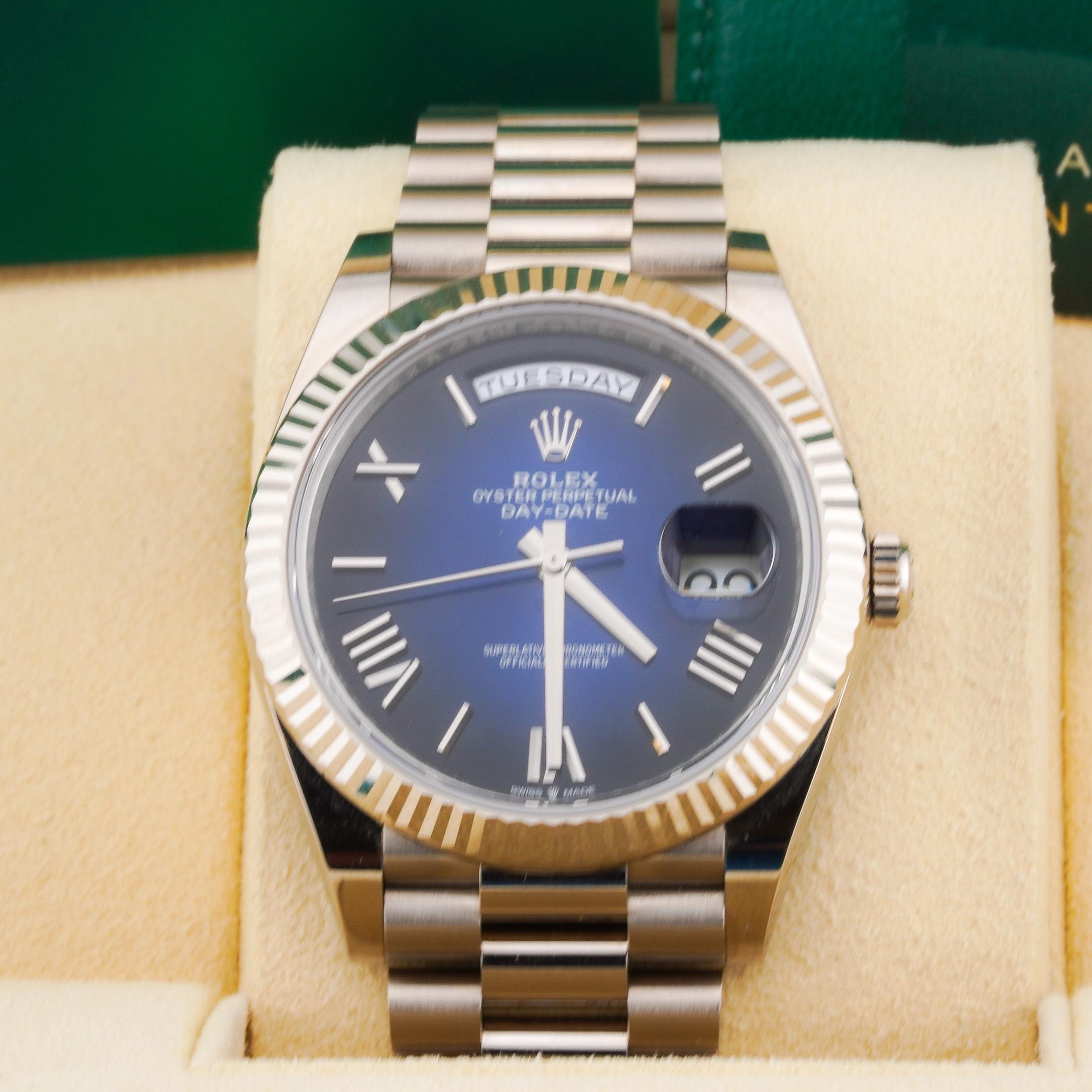 Rolex 2024 Day Date 228239 White Gold 40mm Blue Dial Watch w/ Box and Papers